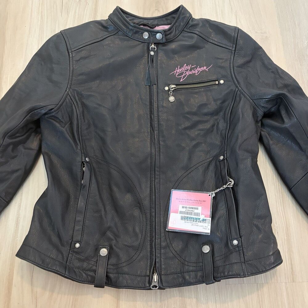 HARLEY DAVIDSON PINK LABEL Black Leather Ladies Jacket Pink Embroidered Sz Small